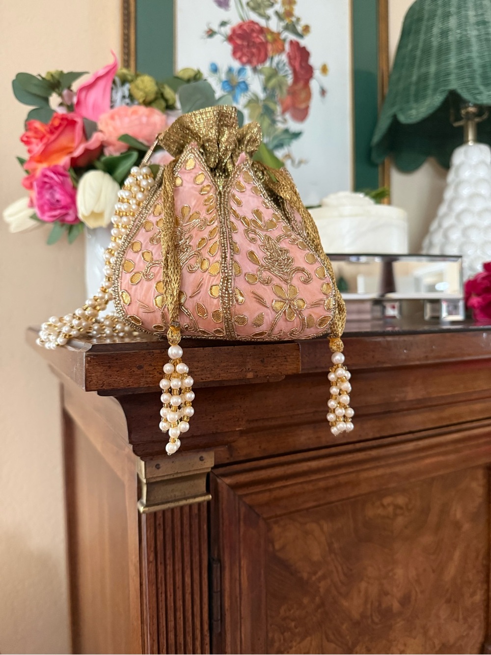 Pink Embroidered Potli Bag with Gold Bead Tassels